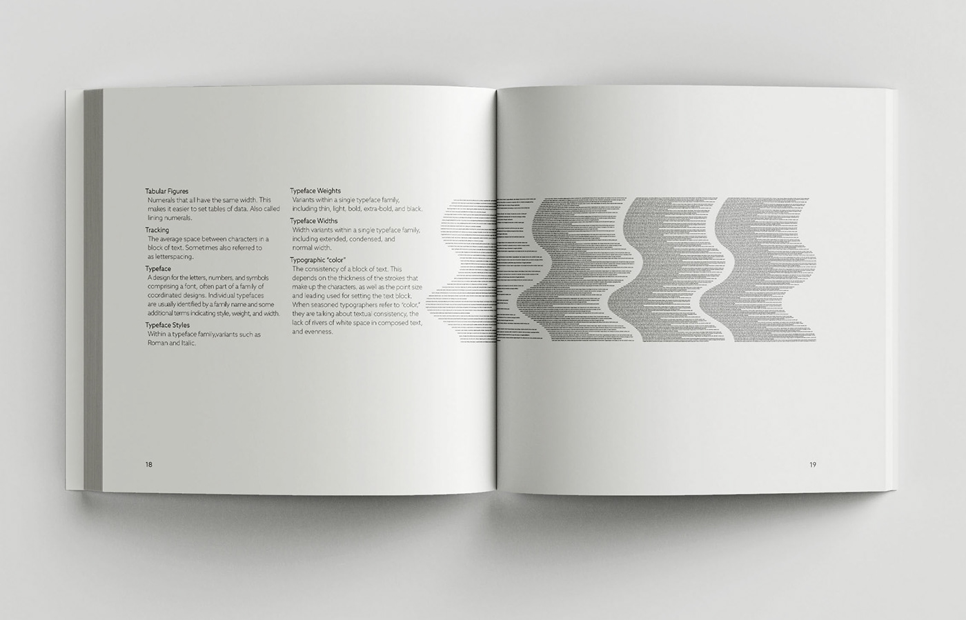 A spread from type book design visually illustrating Typographic colour.