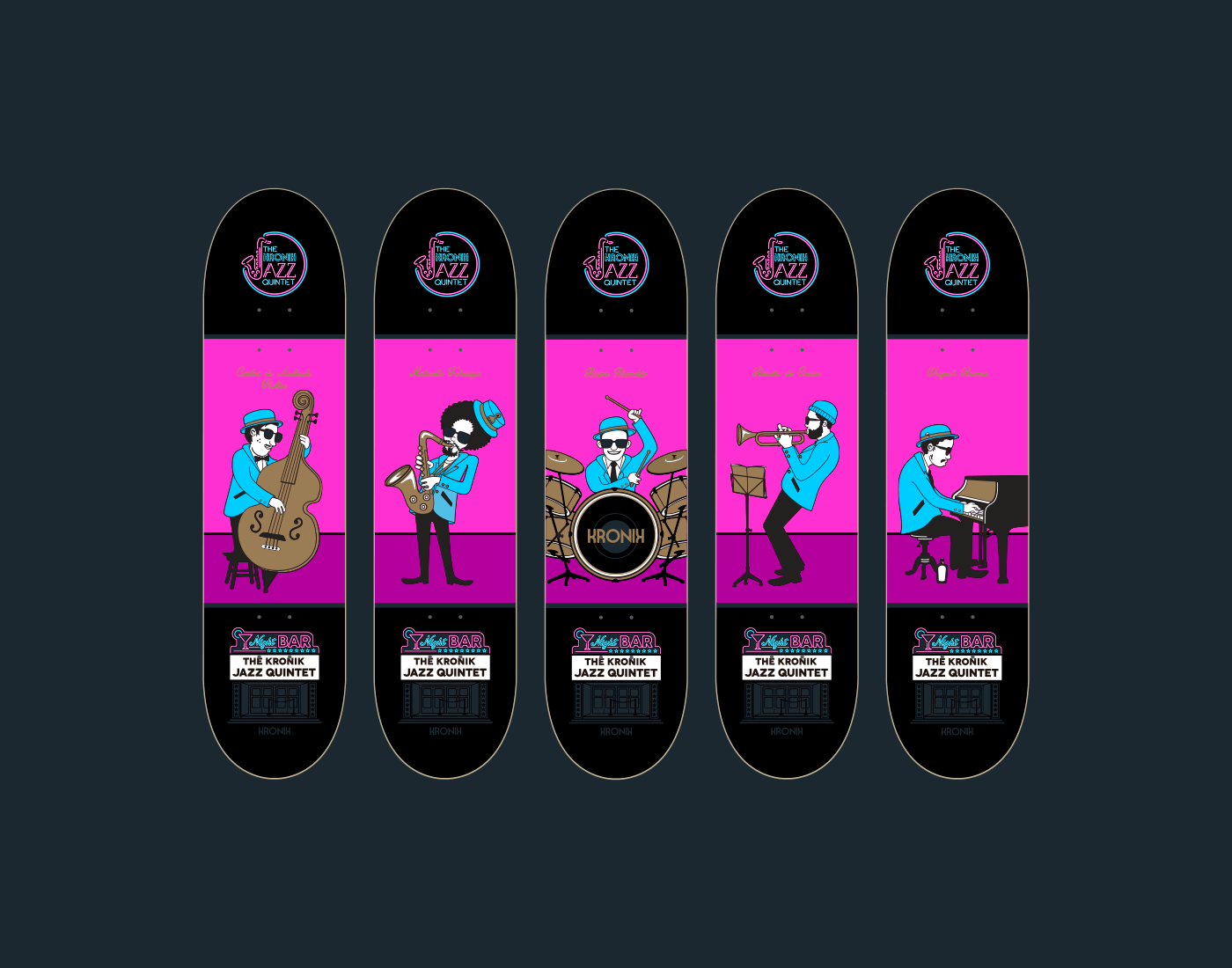 Character deck design illustrations jazz logo skate skateboards