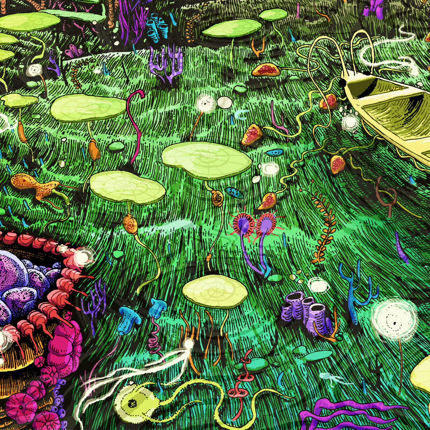 river exobotany rio botany alien raft microbiology lineart dotart Biome surrealism surreal Riverside