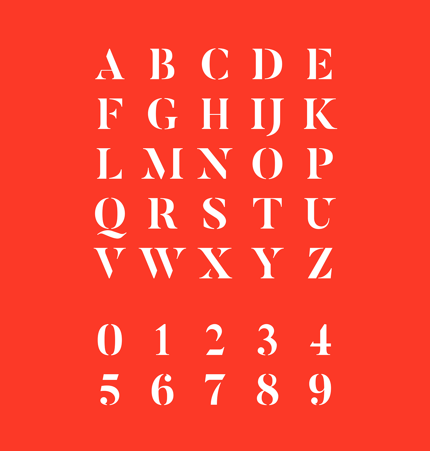 Complete alphabet in capitals and numerals in stencil.