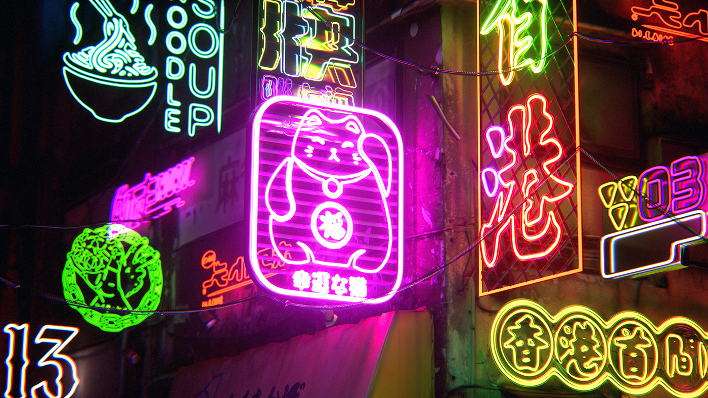 3D c4d neon lights night Octane Render sci-fi Street tokyo vfx неон