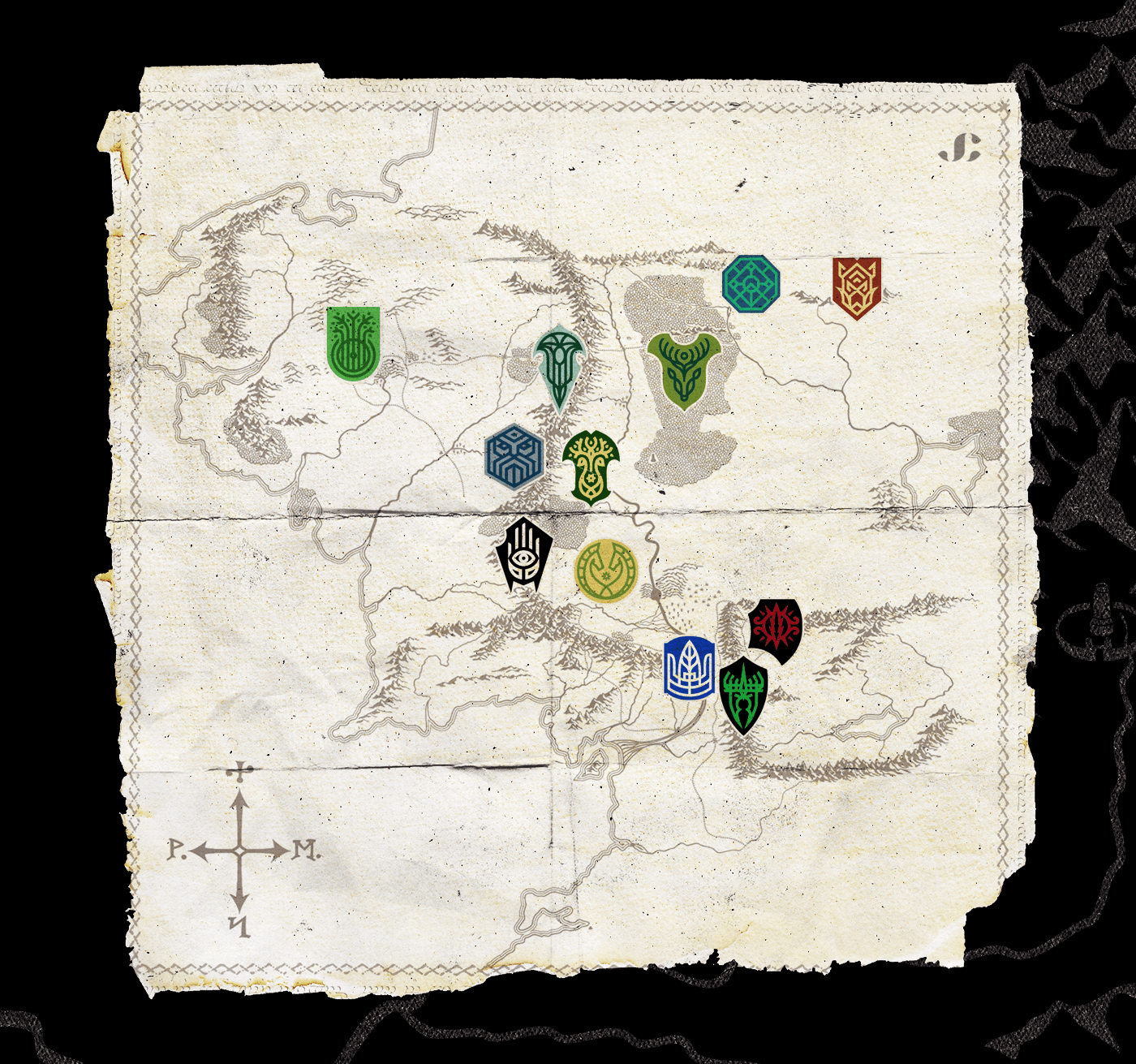 Map of middle earth with shields