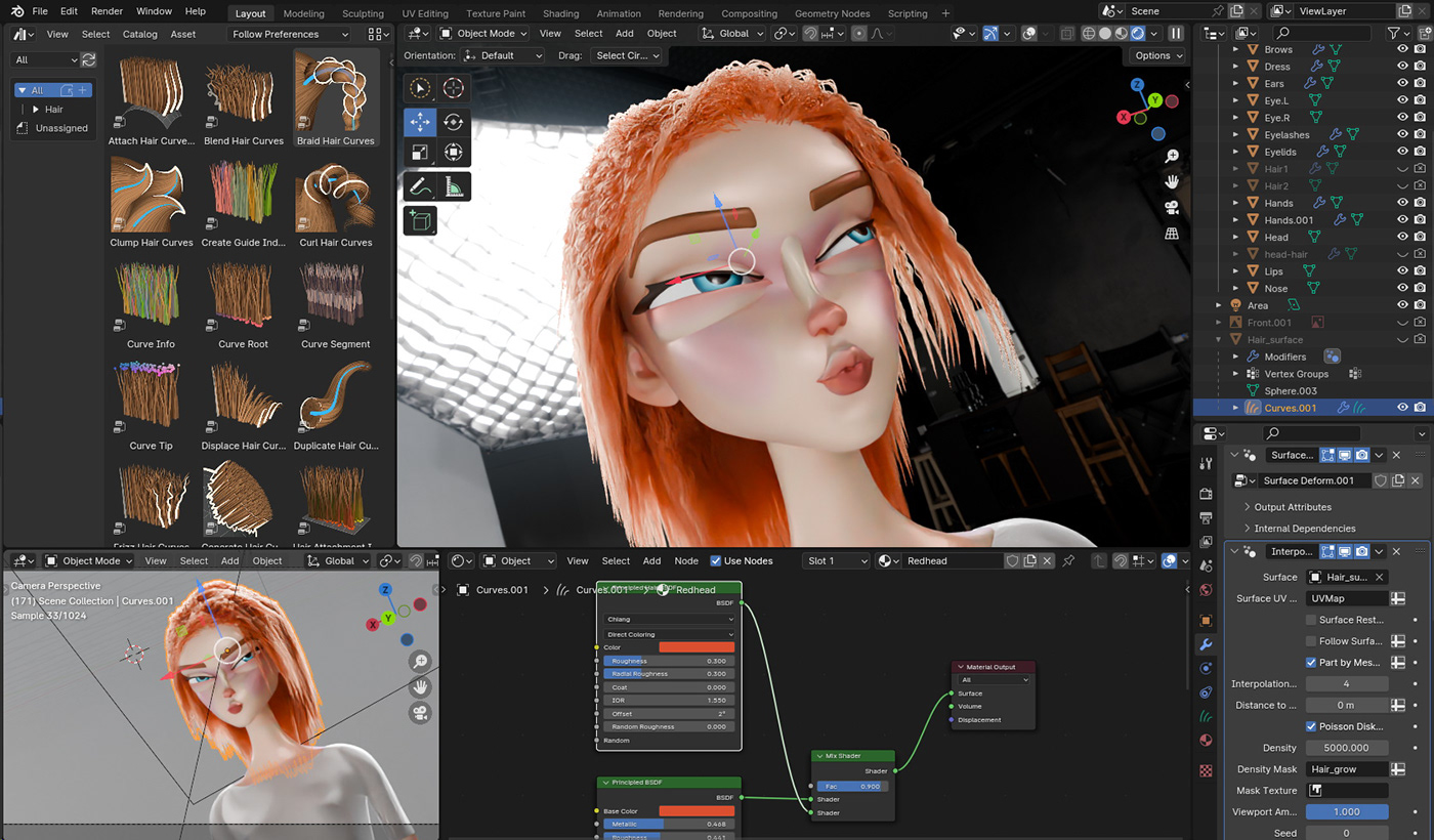 3d modeling geometry nodes blender sculpting  3D Character design  hair tool haird design