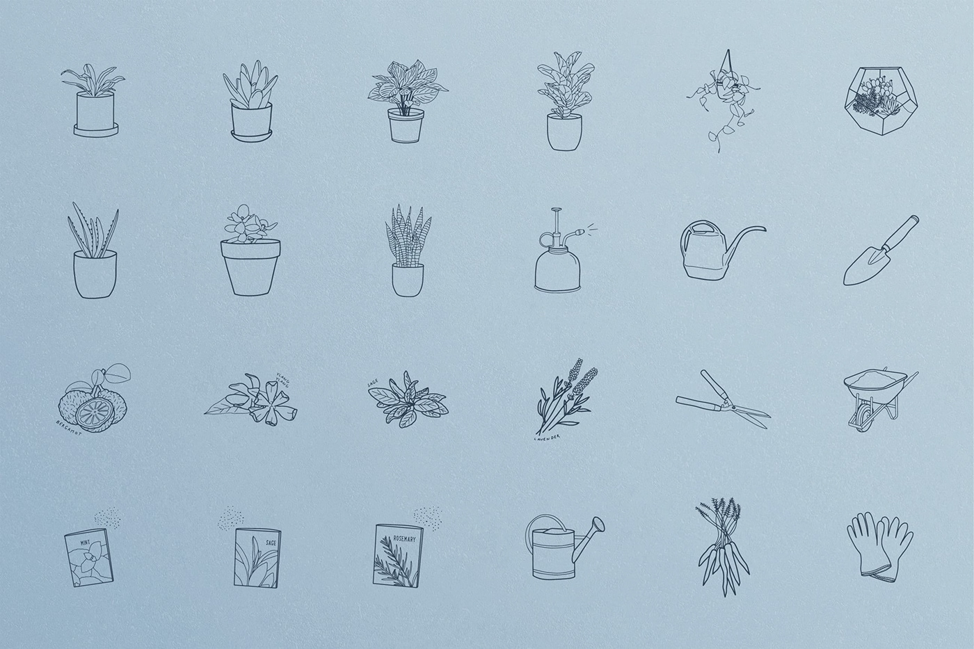 A layout/grid of gardening/plant related illustrations that are featured in the Getting Away book.