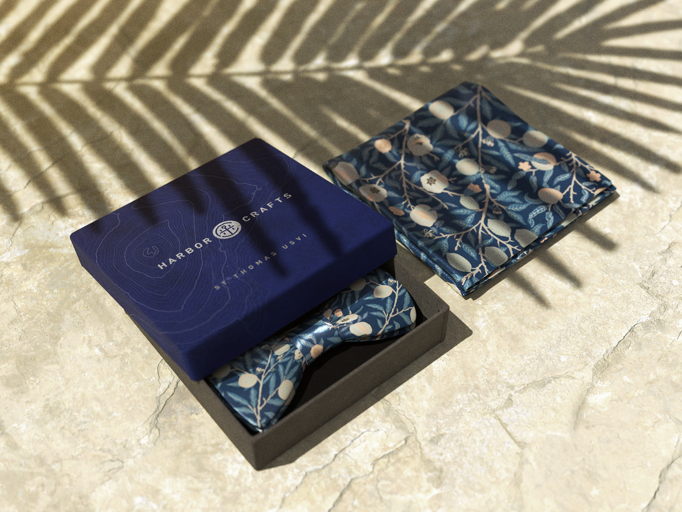 pocket square bow tie william morris Packaging branding  monogram Tropical shadow 3D