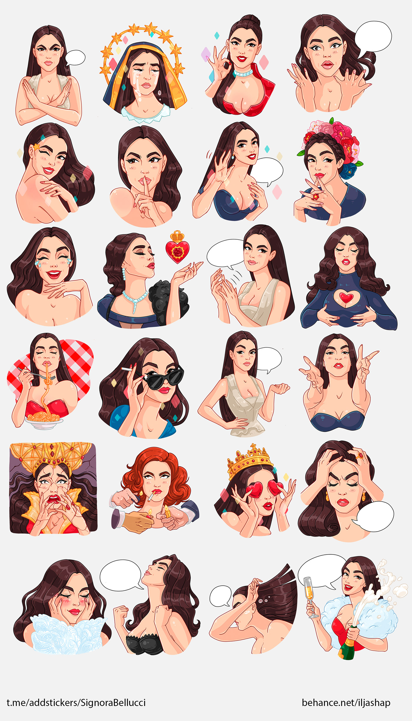 stickers emotions Emoji sticker pack vector Telegram Monica Bellucci actress beauty movie star