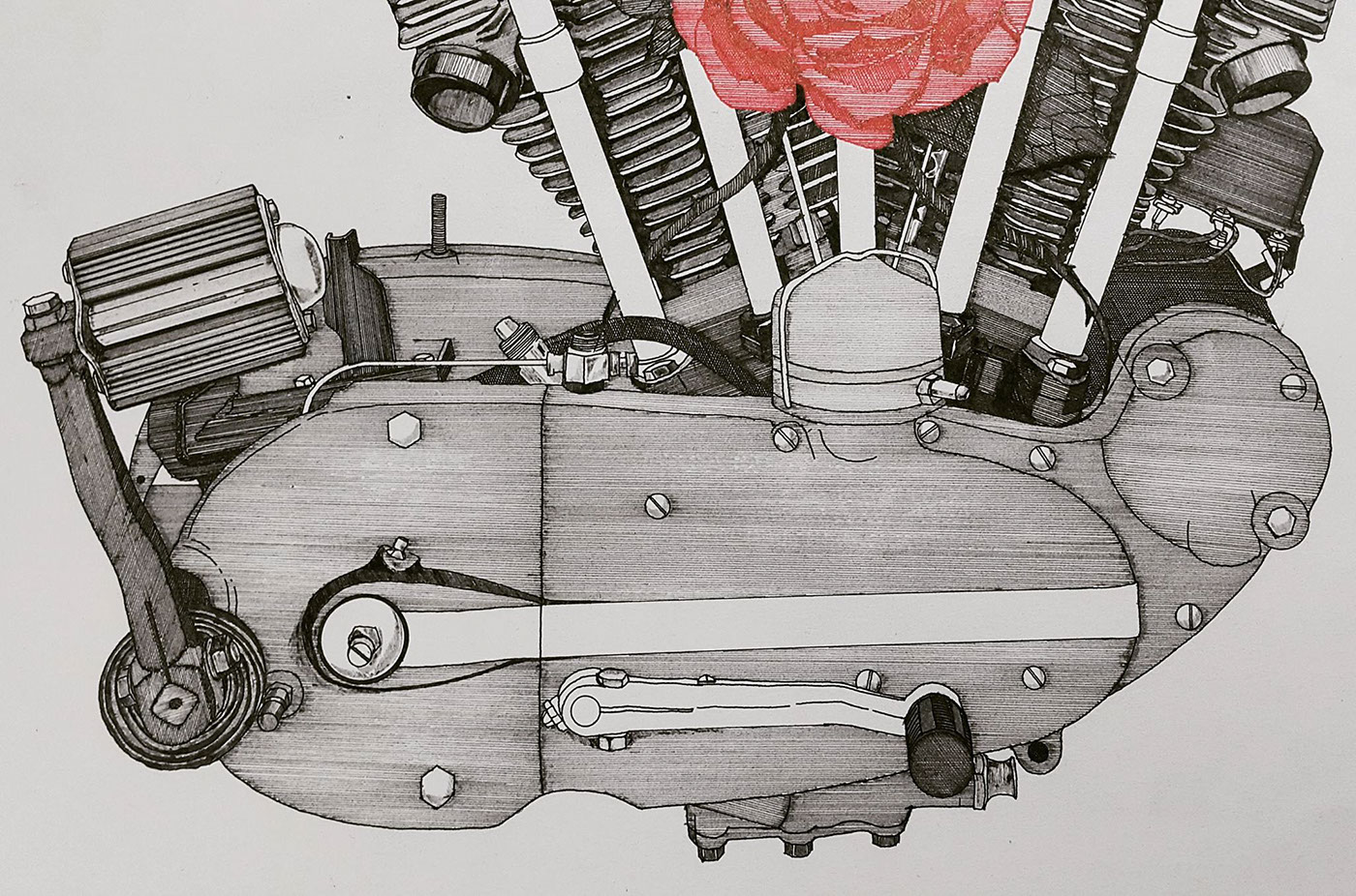 harleydavidson engine motorcycle Drawing  vintage Classic flower machine ink art