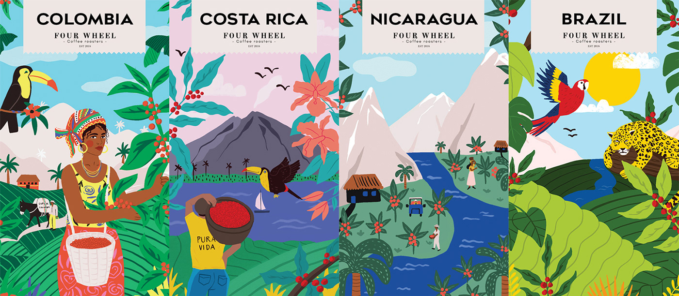 Packaging Coffee Digital Art  packaging design Fun colombia nicaragua South America colorul