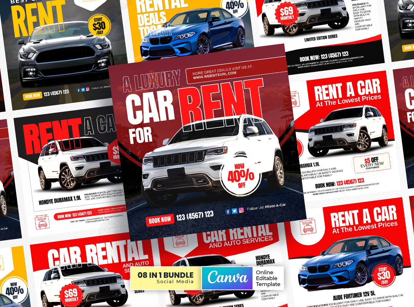 Car Rent Social Media Marketing Banner Bundle Vol.01 Canva Template