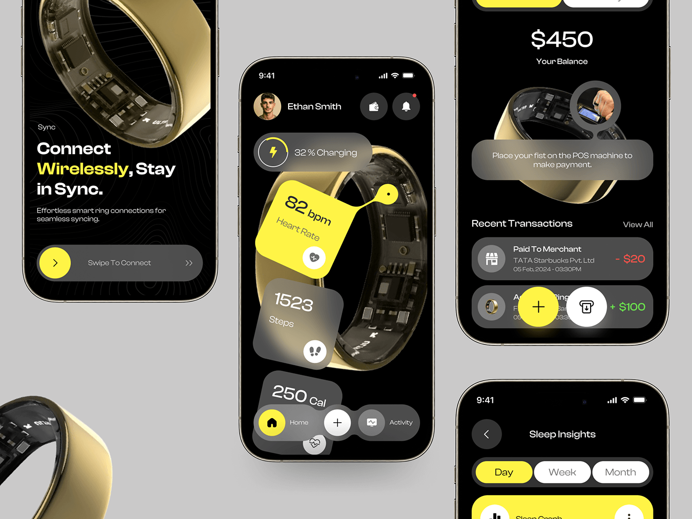 ui ux Smart ring app design Mobile app Wearable user experience Health fitness workout design
