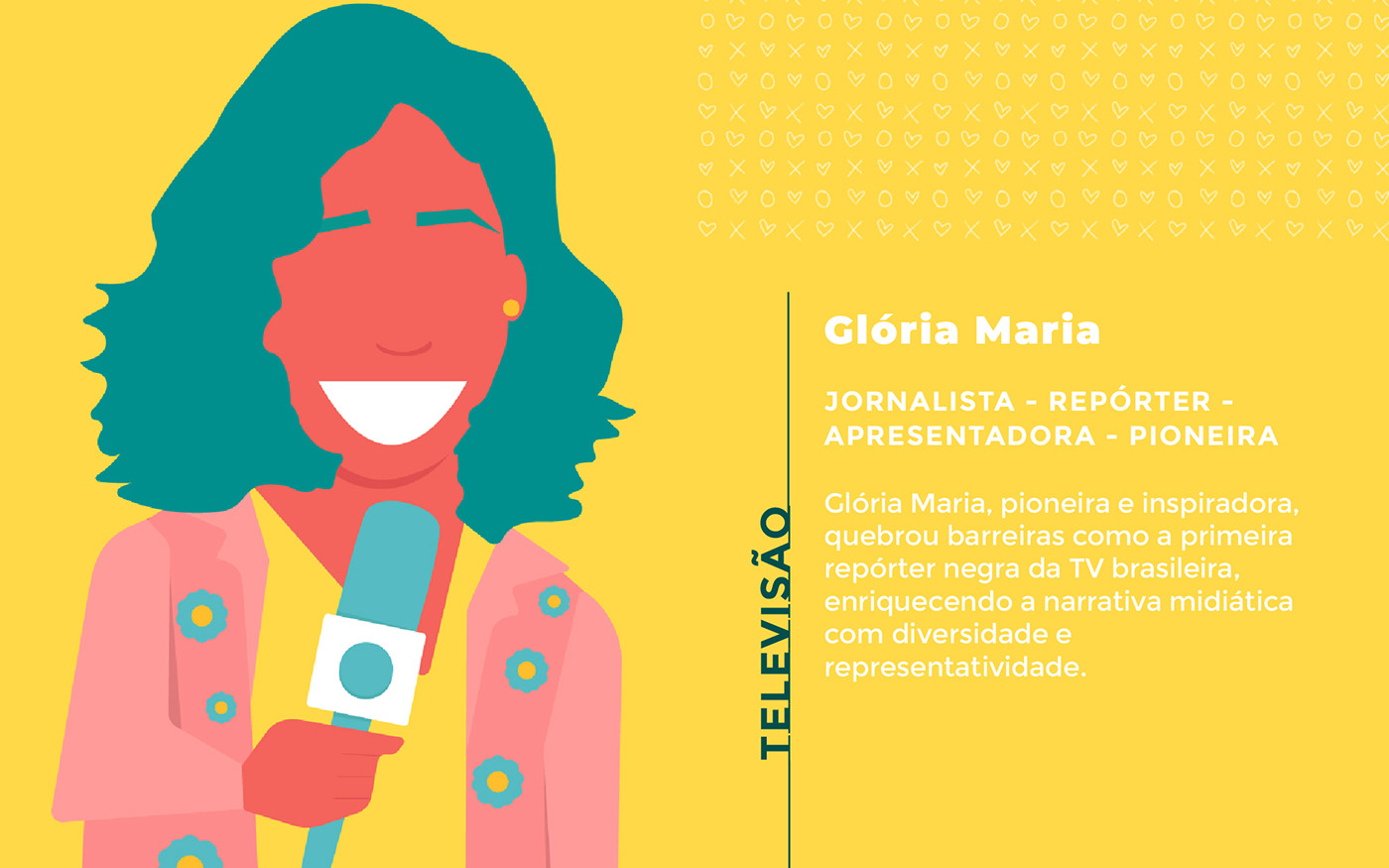An illustrated portrait of Gloria Maria, a famous black brazilian reporter.