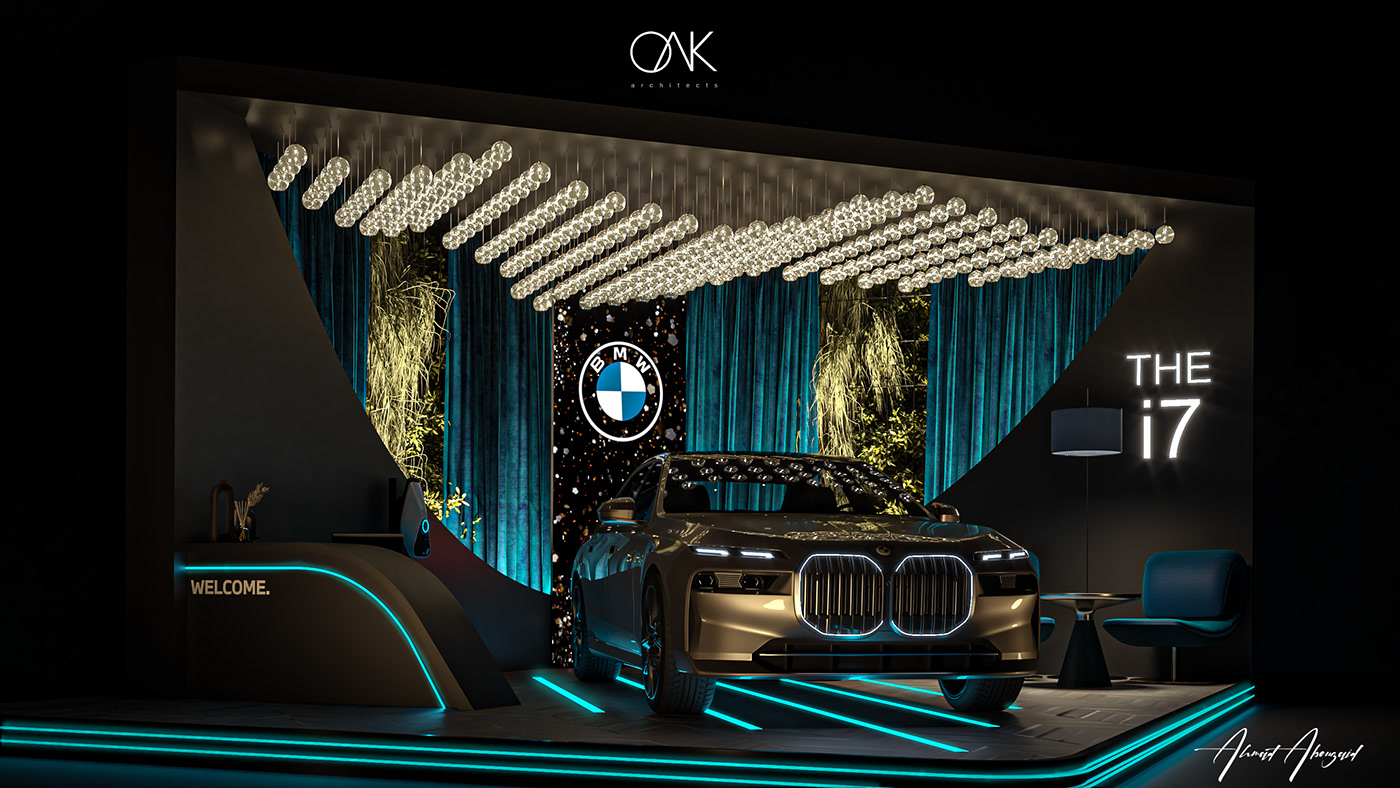 BMW black and white blue booth Exhibition  Event design designer CGI visualization