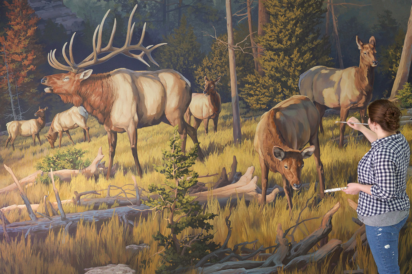 Landscape prehistoric handpainted Mural elk bison panorama