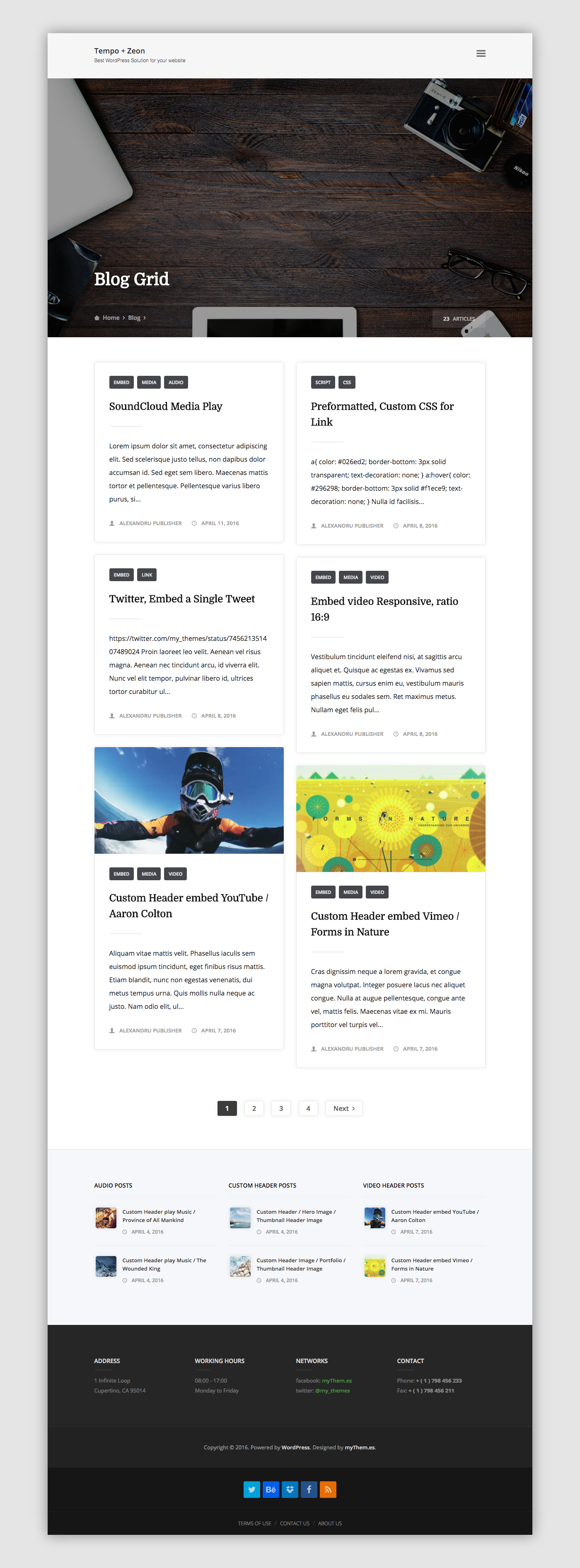 Tempo wordpress plugin wordpress theme free theme minimalist Clean Design myThemes White creative business portfolio Blog grid custom header