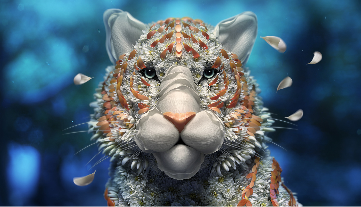 3D animal animation  CGI Flowers Post Production tiger