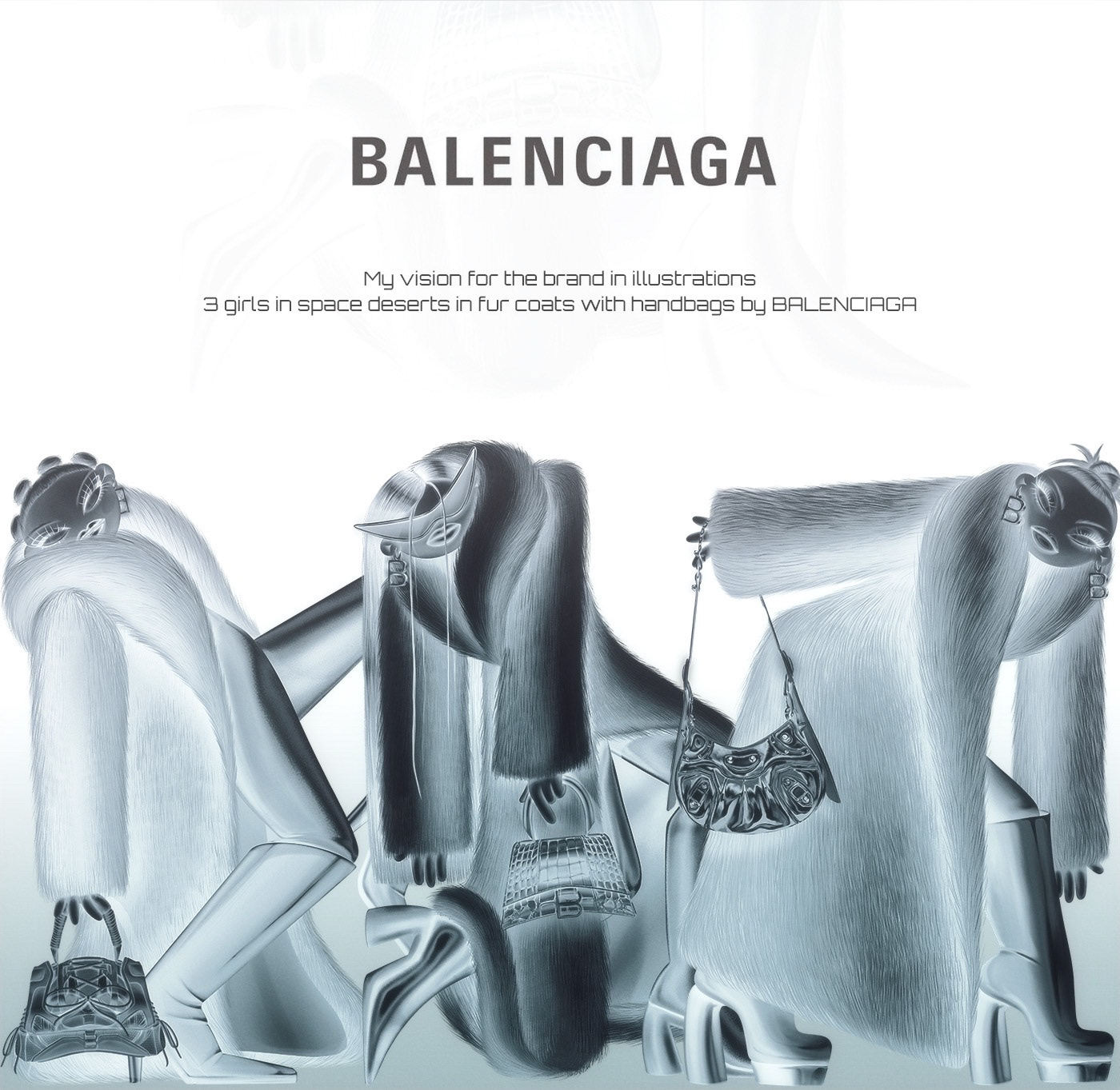 Balenciaga fashion illustration handbag Character design  Fur fashion editorial magazine accessories cosmos universe