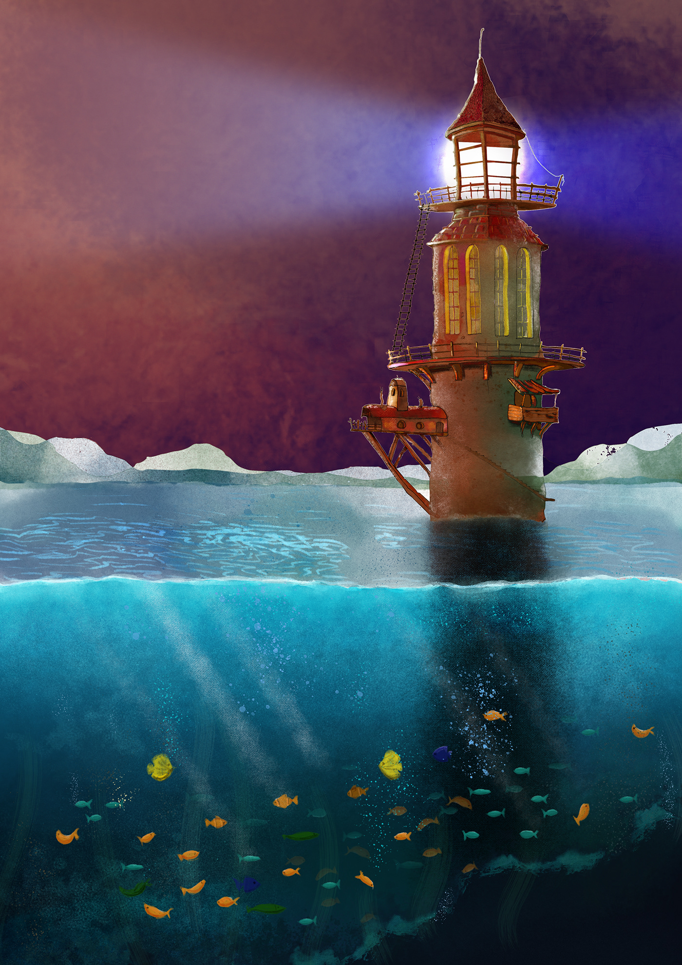 Digital Art  digital painting fish ILLUSTRATION  lighthouse water watercolor