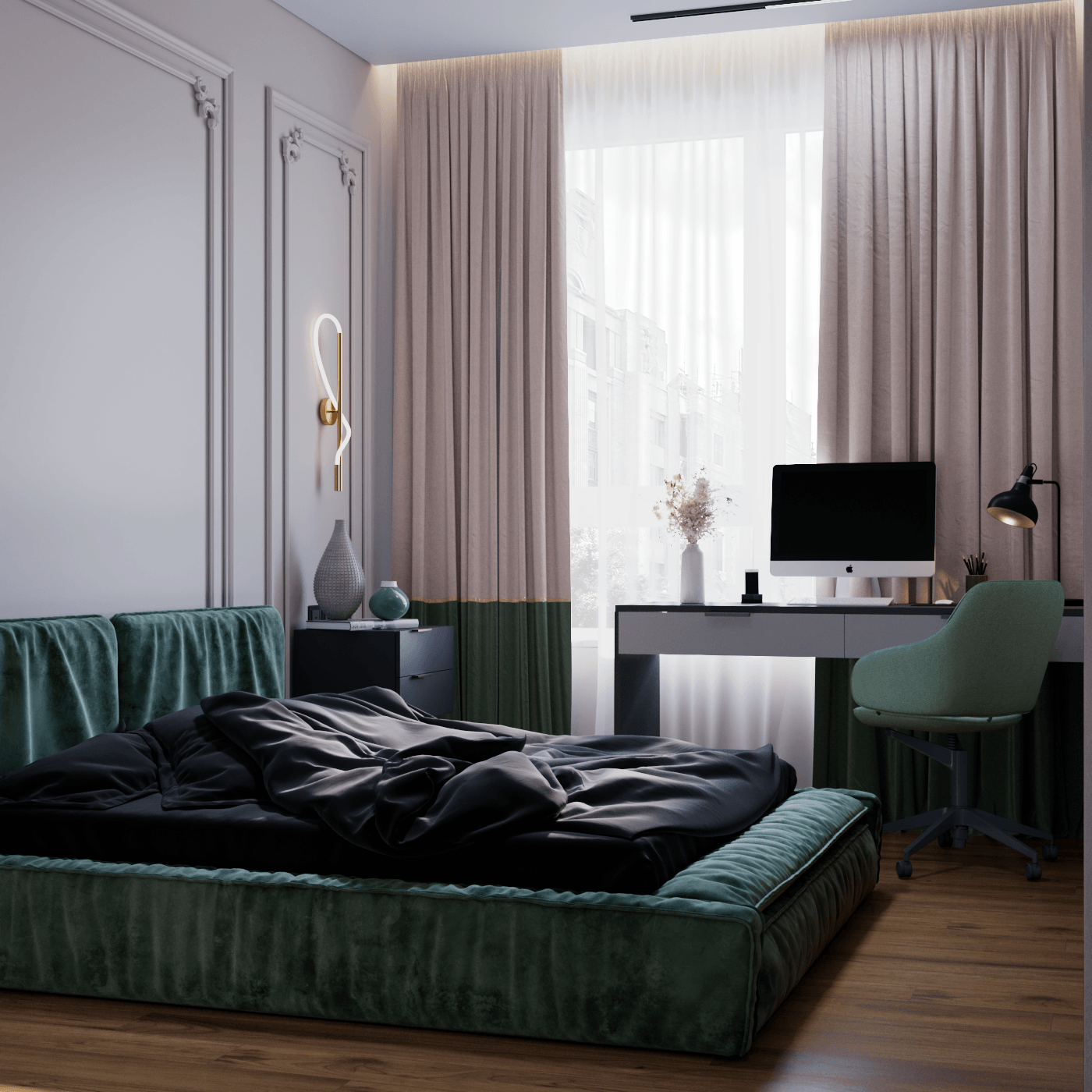 green bed interior design  visualization modern art deco blue sofa dark kitchen corona render  3ds max women apartment