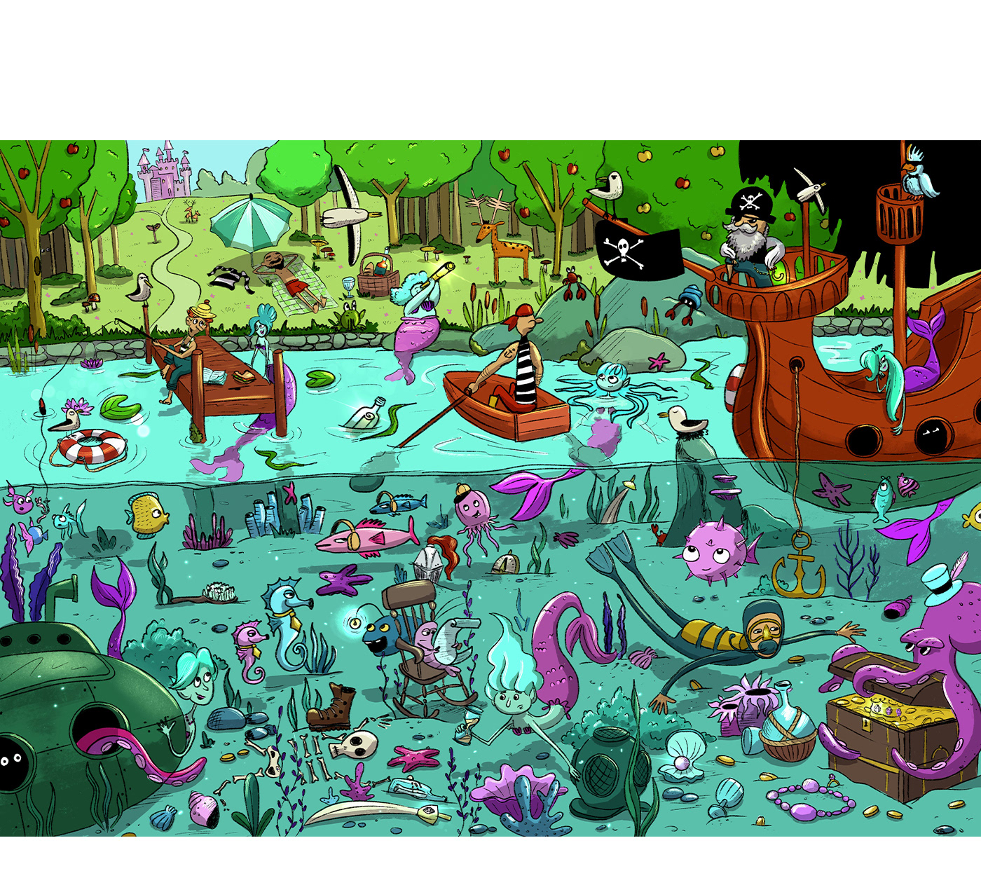 Wimmelbild hidden object children illustration children's book Comic Book mermaid pirate Wimmelbuch