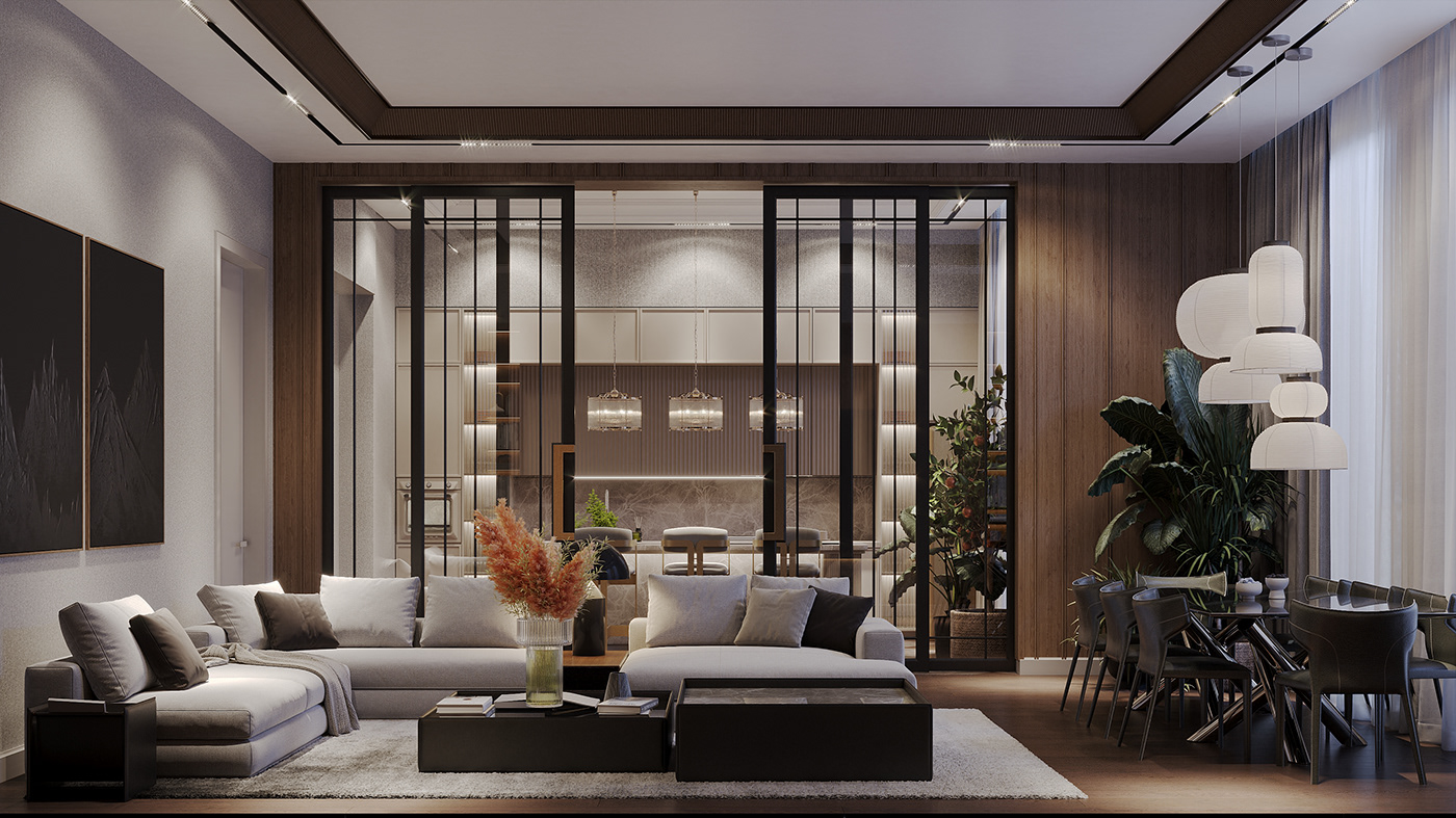 architecture Interior kitchen livingroom Minotti modern Natuzzi visualization wood
