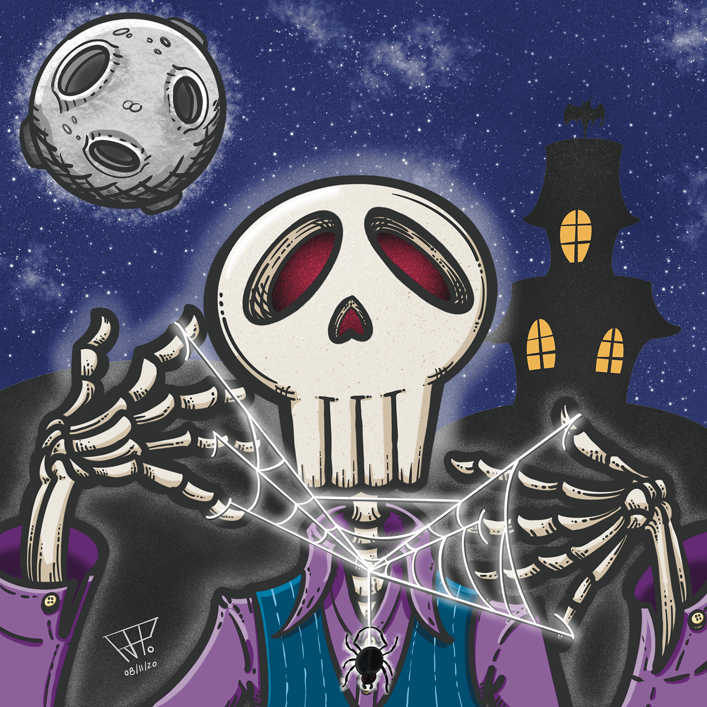 Andy Mc Skully play with his spider under the light of a full moon in a halloween night.