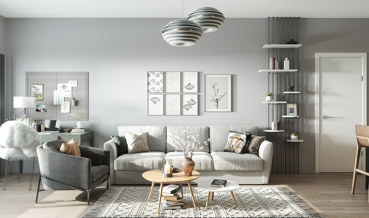 apartment compact contemporary cozy design grey kitchen livingroom studio visualization