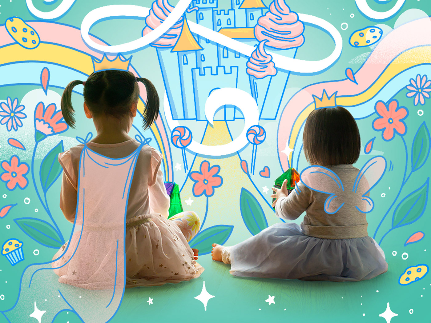 Magical digital illustration on photo of two girls playing in an imaginary world