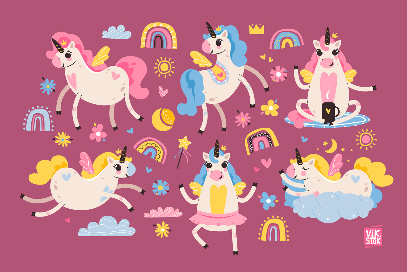 Cute unicorns and rainbow