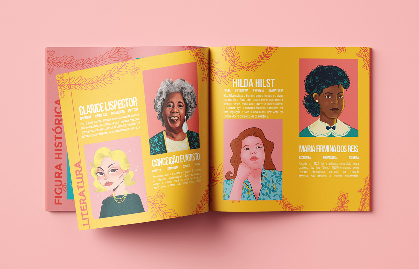 Mockup of a sticker album with illustrated portraits of empowered brazilian women in literature.
