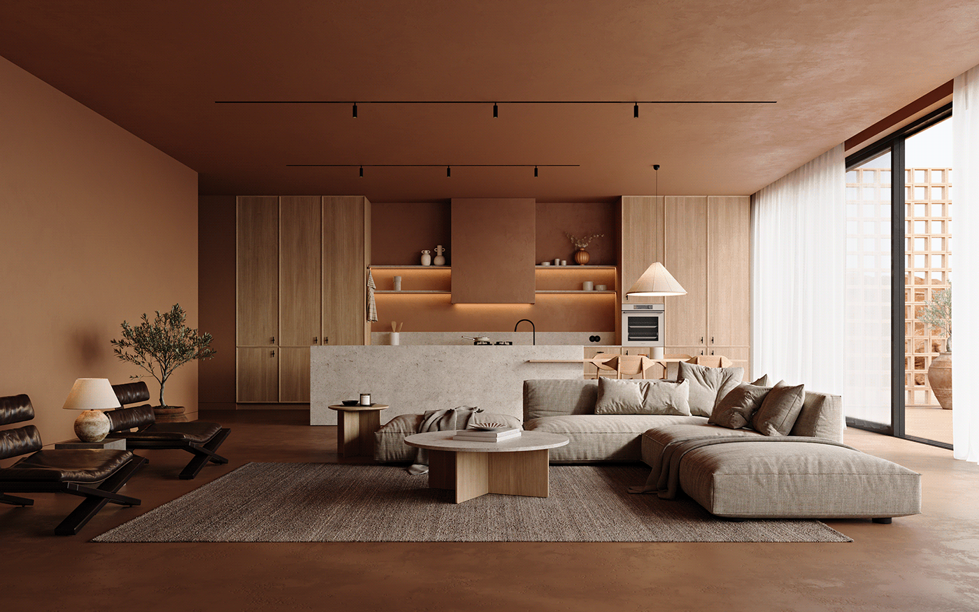 interior design  terracotta living room kitchen 3ds max corona archviz CGI visualization Render