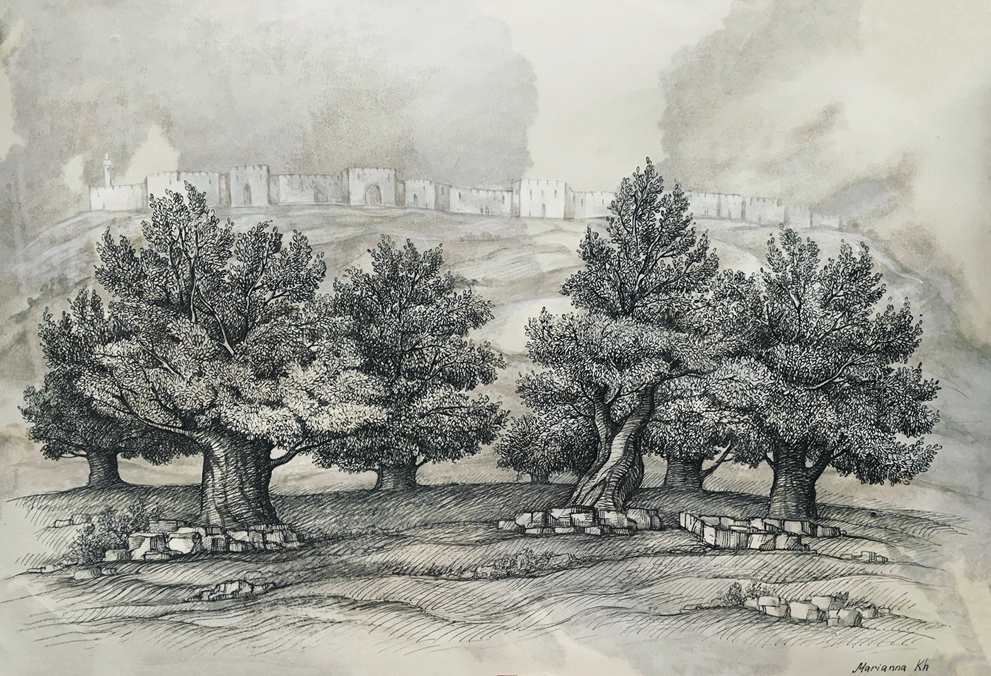Grove ink israel jerusalem Landscape olive parchment SKY trees
