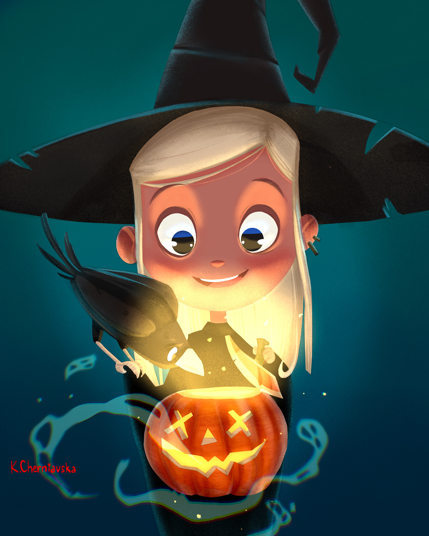 haloween card with a girl witch and her crow and pumpkin, magic light
