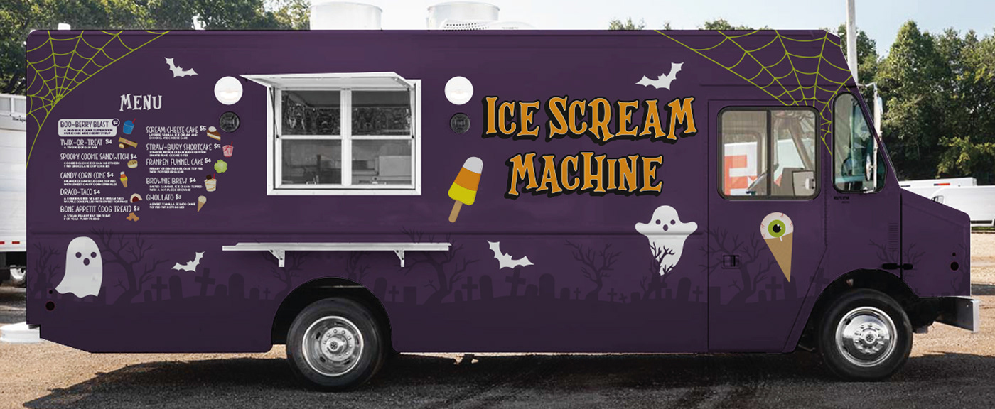 brand identity branding  food illustration Food truck Halloween ice cream Logo Design mockup design Truck Wrap Vehicle Wrap