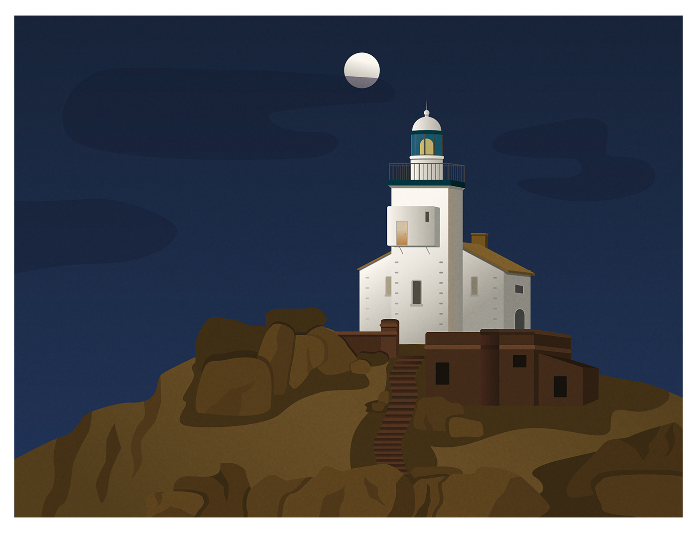 Lighthouse on the rock at night.