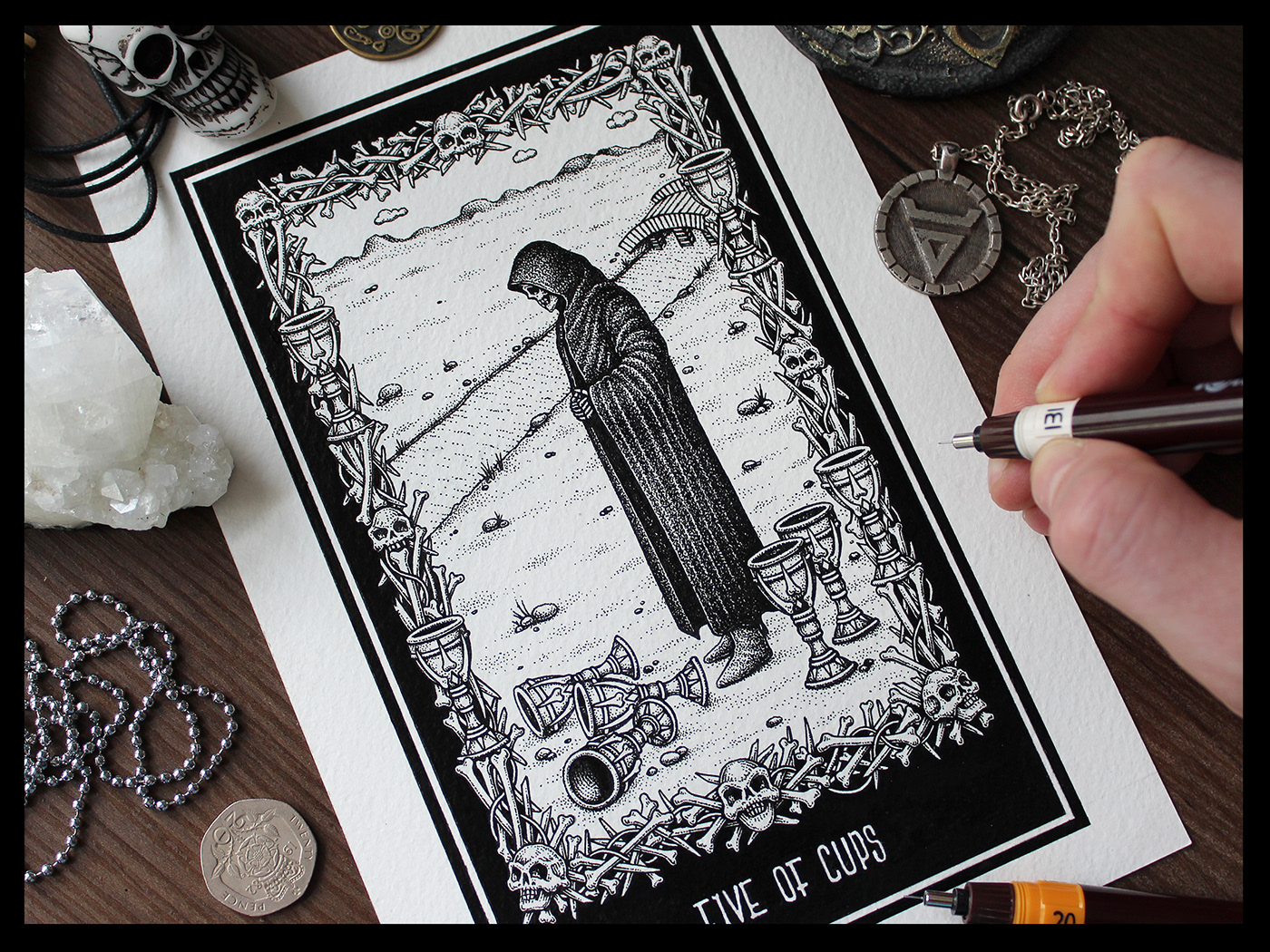 card card design dark dotwork ink inking Pointillism skull stippling tarot