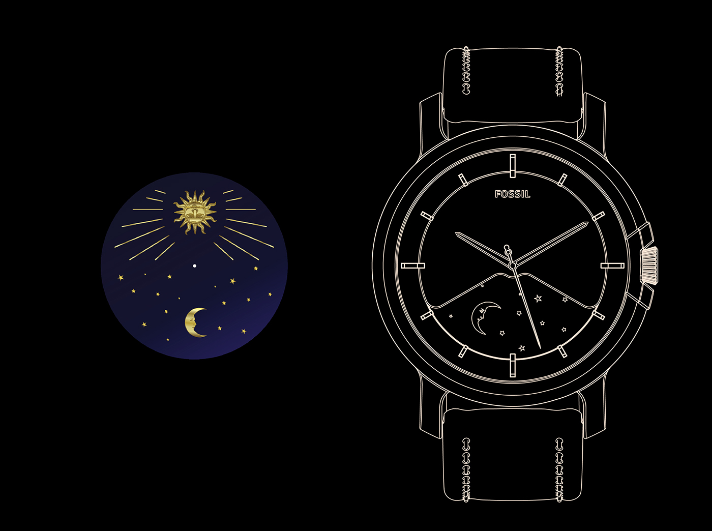 Fossil watch design black moon leather minimalist modern stars watch blue timepiece Solidworks Key shot