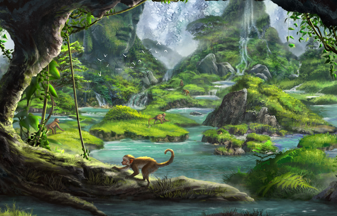 conceptart environment gamelobby ILLUSTRATION  jungle Landscape Lobby monkey monkeyking Waterfalls