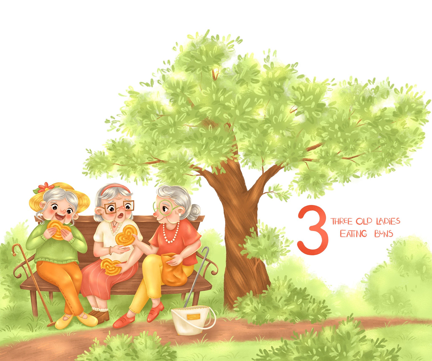 Children's book illustration. Three old ladies eating buns