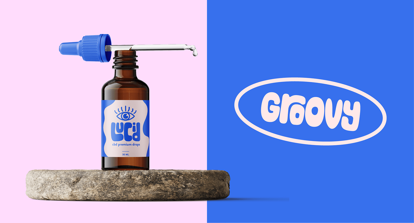 Dropper bottle mockup with a sticker that says groovy in blue and pink.