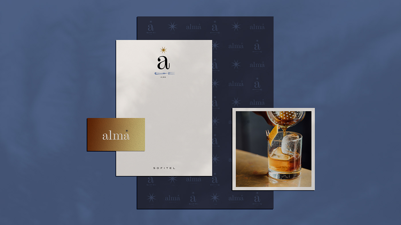 Institutional stationery of Alma's restaurant and bar brand identity.
