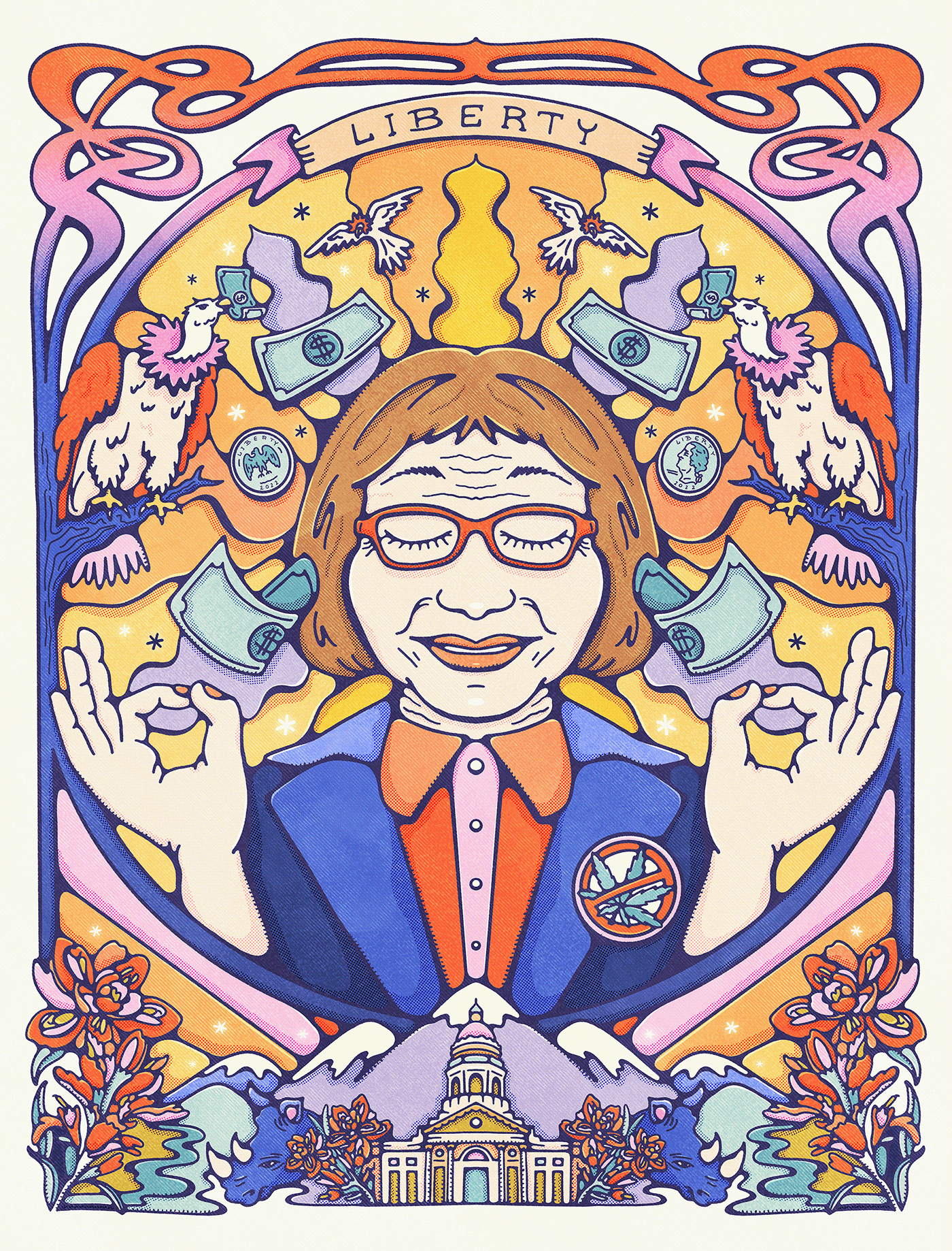 Bright female portrait in vintage rock poster style and psychedelic colours