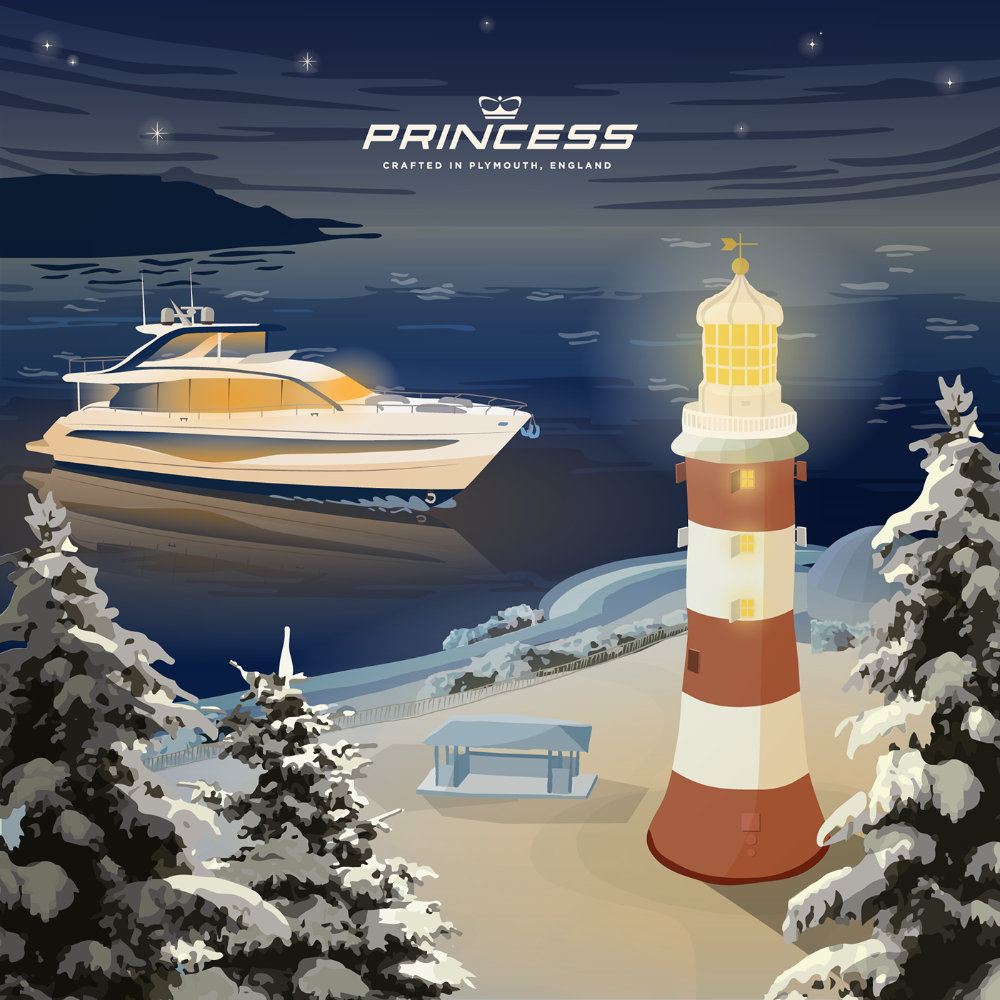 lighthouse Landscape Nature boat water Vector Illustration snow winter new year xmas
