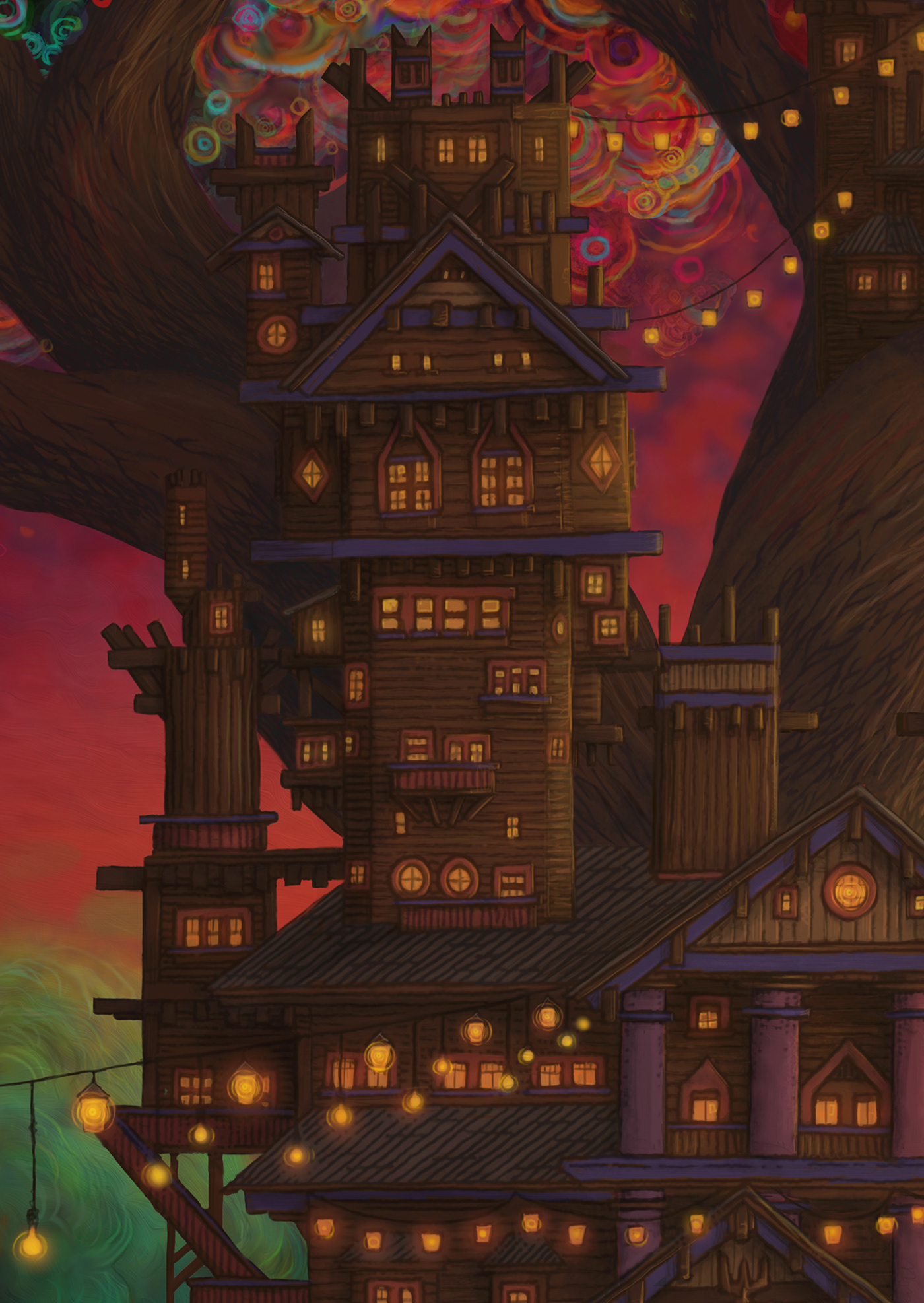 Castle colorful Colourful  forest grand lanterns lights sunset Treehouse