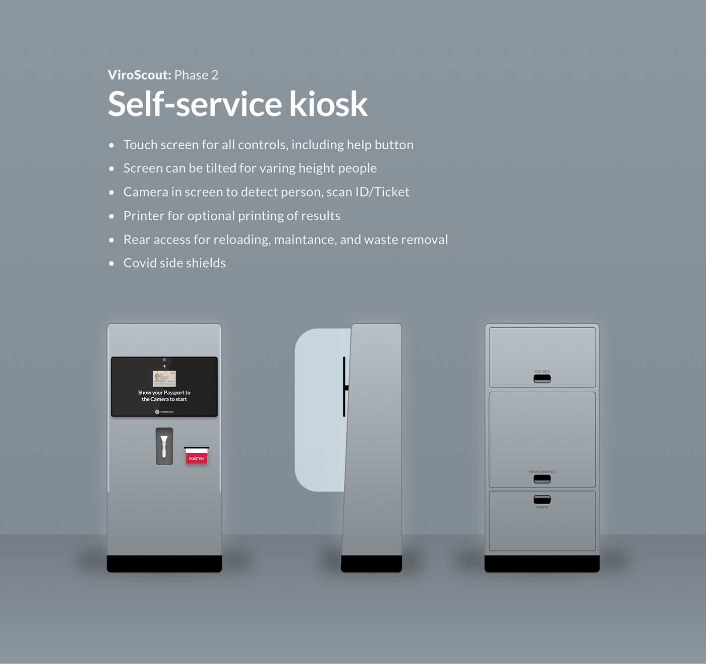 A mock-up of VirusScout self-service kiosk (front, side & back) with a list of key features