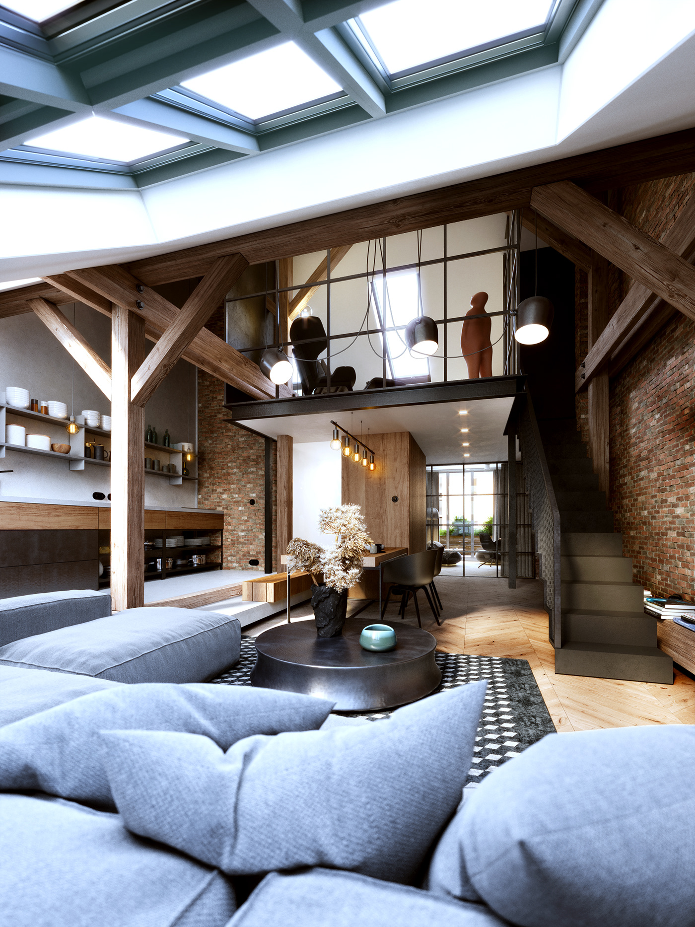 3D apartment architecture archviz Attic design Interior prague wood