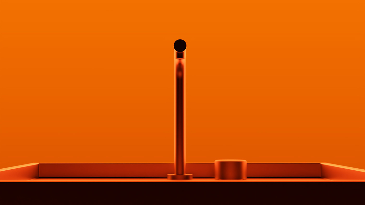 Closeup of a sink, orange and black color, minimalist