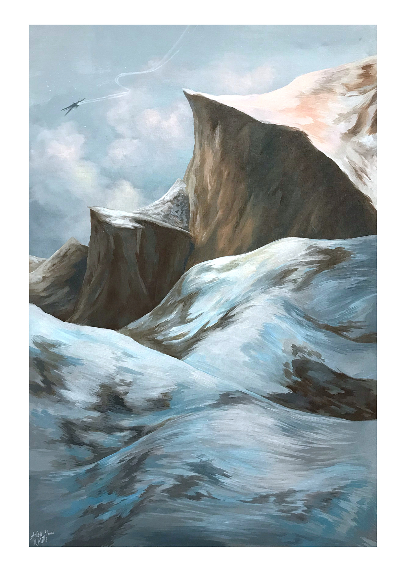 acrylic painting Landscape mountains painting   Scifi snow spaceship