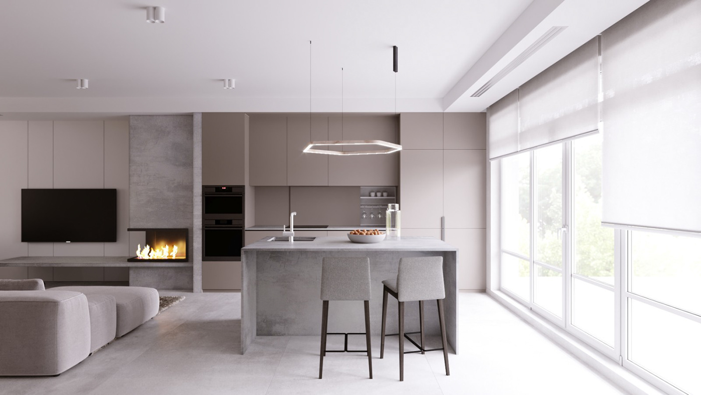 architecture biege interior design  kitchen Kitchen island living room modern Render Restroom visualization