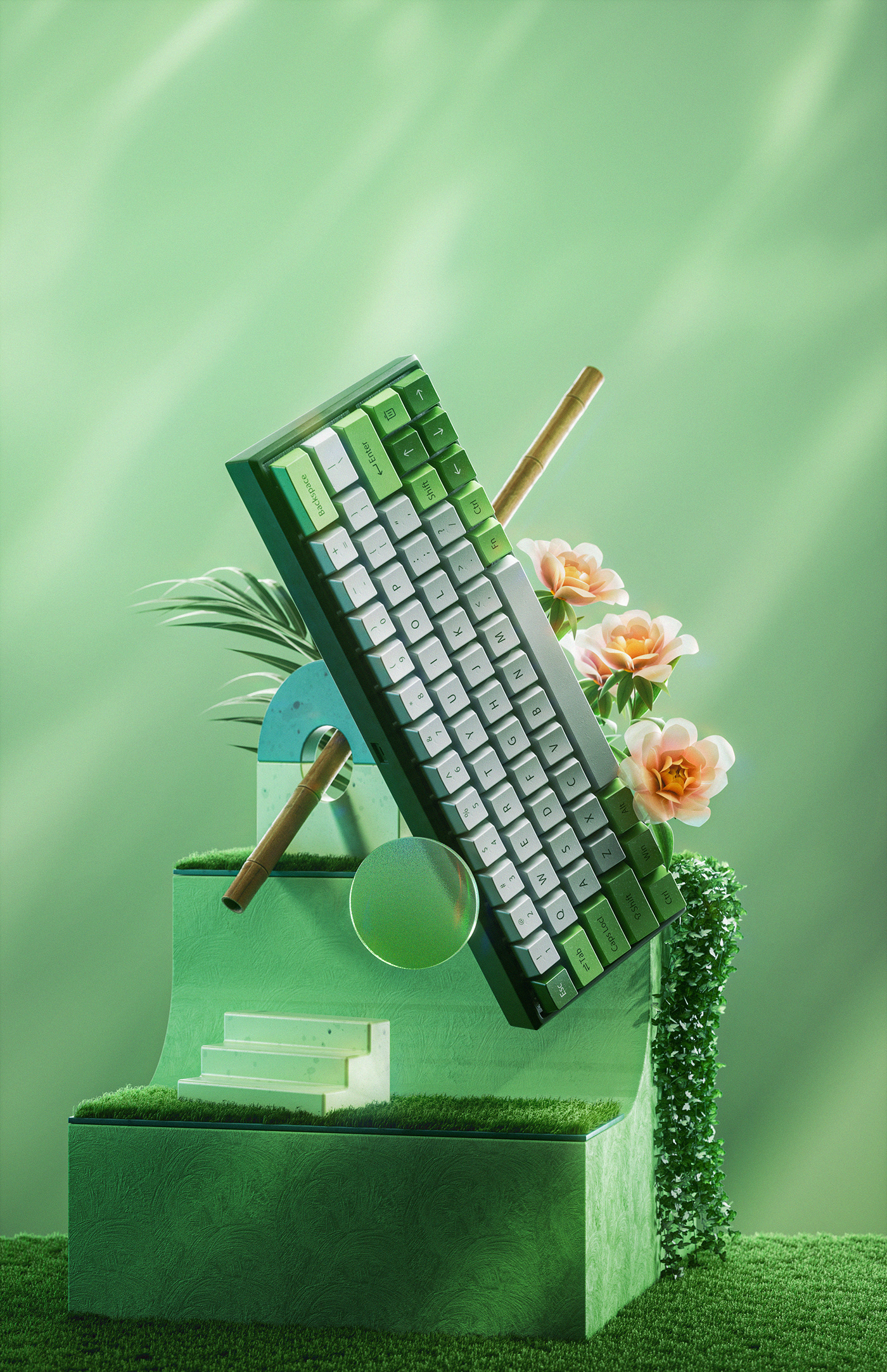 64 keys Advertising  creative poster green keycaps pink 机械键盘