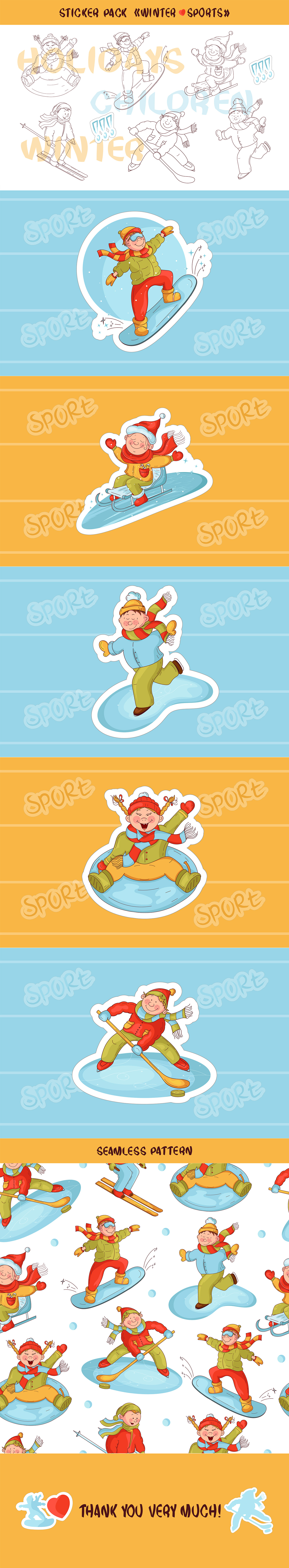 Vector sticker set and seamless pattern. Fun kids and sports in winter
